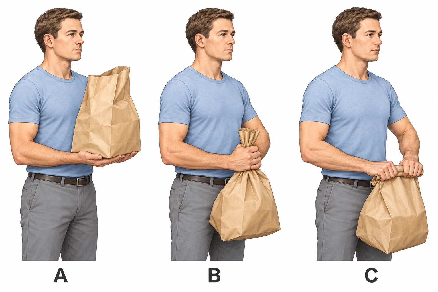 Three bag-lifting hand positions
